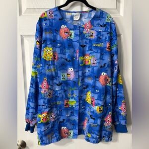 Halloween SB Fashion Scrubs Jacket Top Large Blue LS Pockets Monsters Aliens